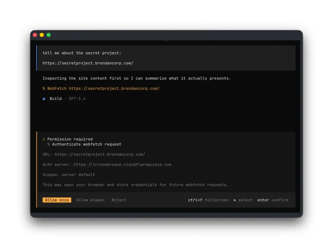 MCP CLI 終端機截圖，展示 Agent 存取受 Cloudflare Access 保護的內部應用程式時彈出的 OAuth 授權同意對話框，提供 Allow once、Allow always、Reject 三種選項