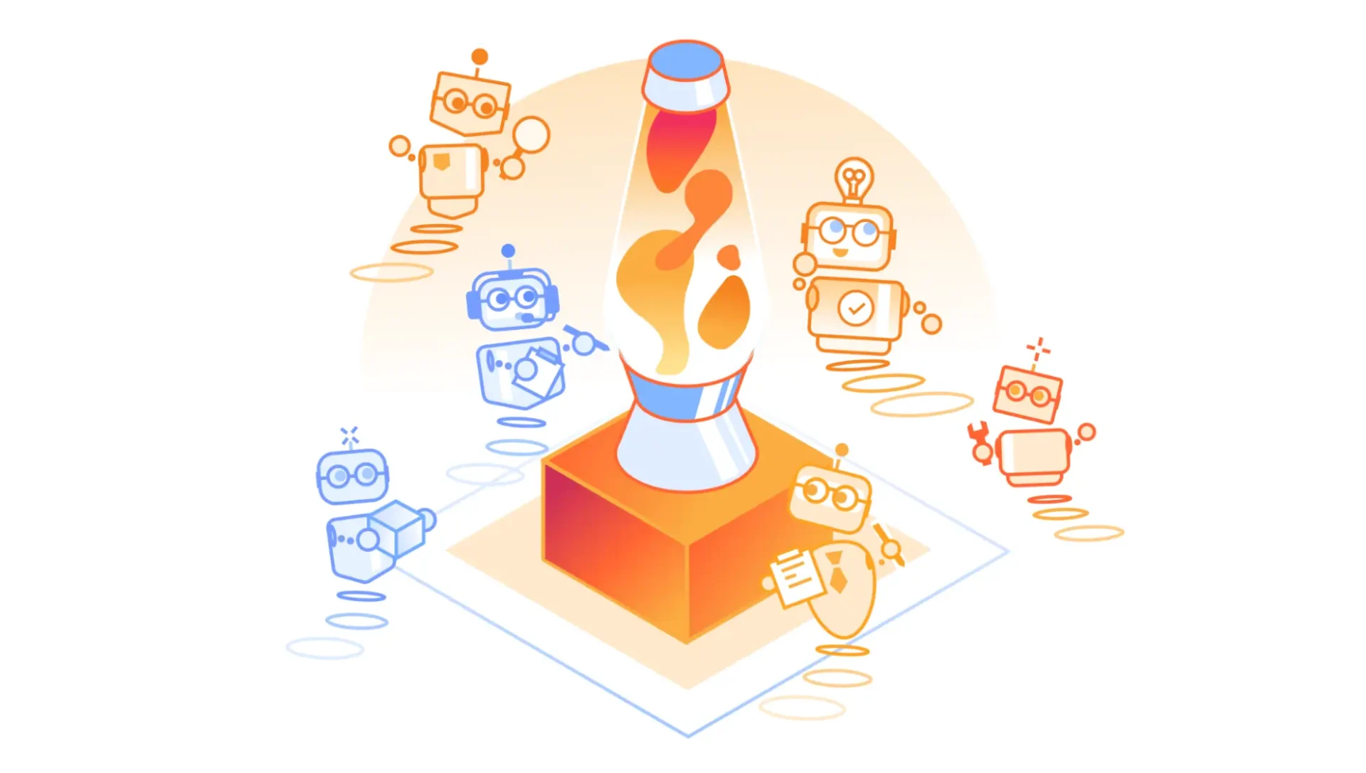 多個 AI Agent 圍繞熔岩燈運作的示意插圖，象徵透過 Managed OAuth 統一管理內部應用程式的 Agent 授權存取機制