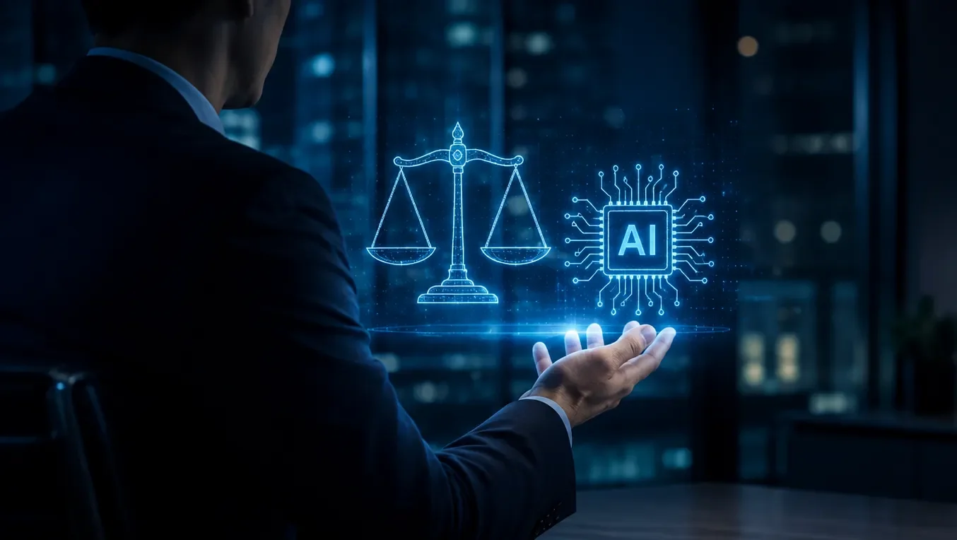 人工智慧基本法七大原則主視覺,商務人士在辦公室操作天秤與AI晶片全息投影,呈現人工智慧基本法與企業AI合規治理概念