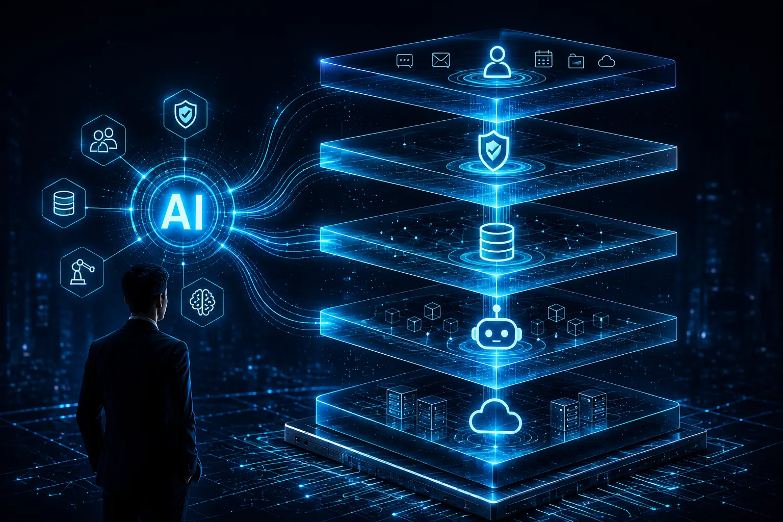 企業 AI 五層基礎架構示意圖,以圖像呈現應用入口、治理營運、資料與知識、Agent 開發與模型接入五個層次,並透過 AI 核心、資料流與自動化圖示,展現企業 AI 基礎建設與智慧營運架構。