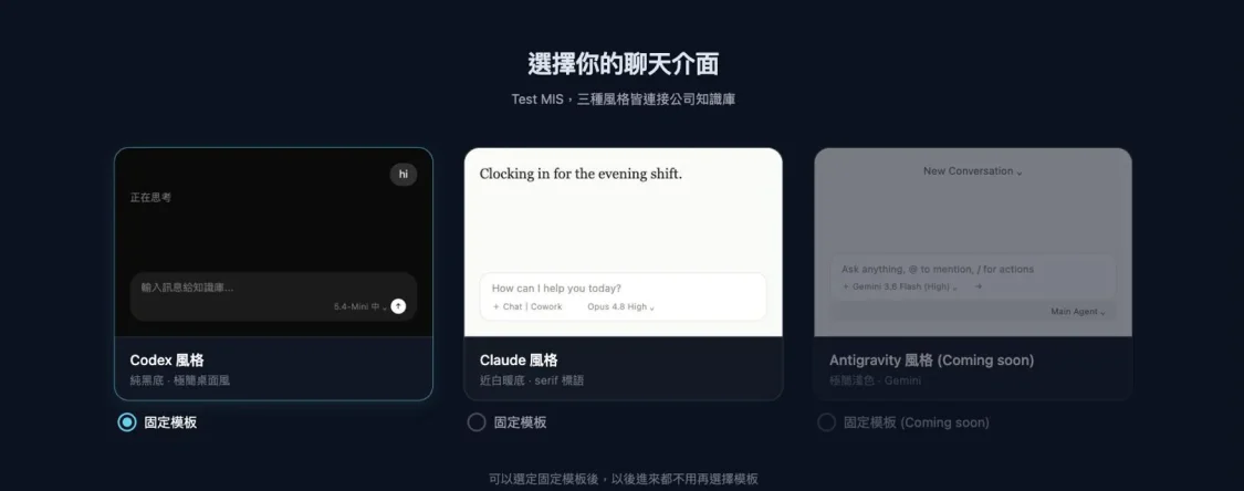 ACROSS AI Chat登入選擇畫面，提供Codex、Claude、Antigravity三種介面風格，皆連接同一套企業知識庫