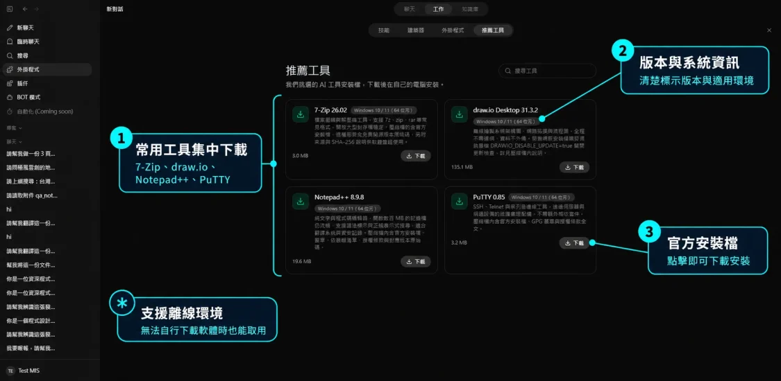 ACROSS AI 推薦工具介面，集中提供 7-Zip、draw.io Desktop、Notepad++ 與 PuTTY 的官方安裝檔、版本及適用系統資訊，方便離線環境下載使用。