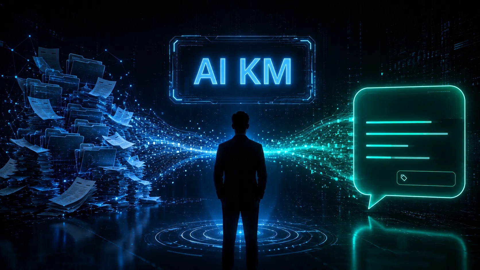 人物剪影站在雜亂文件堆與發光AI KM答案卡片之間，象徵AI知識庫將傳統知識管理的檔案清單轉化為附出處的直接答案